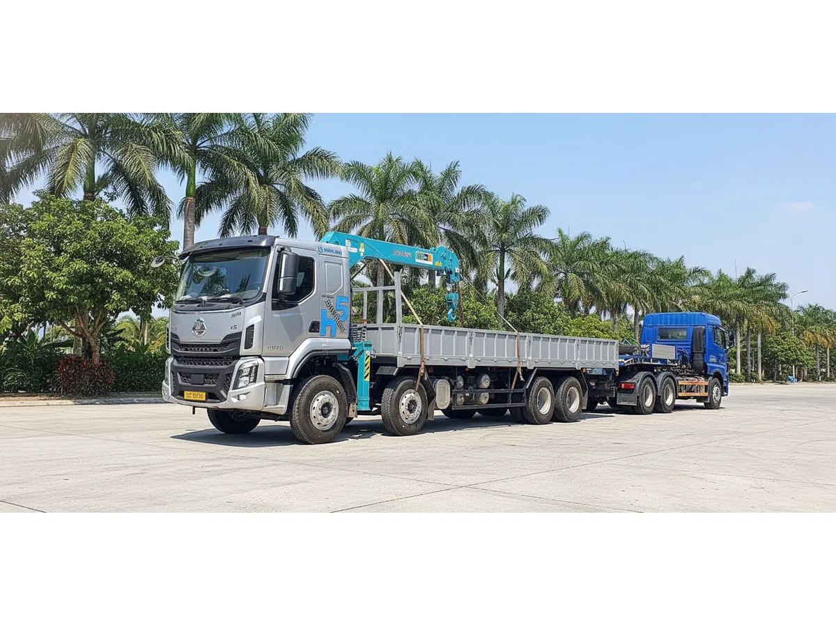 Toàn cảnh xe Chenglong H5 3 chân gắn cẩu HLC-5014 tại bãi xe
