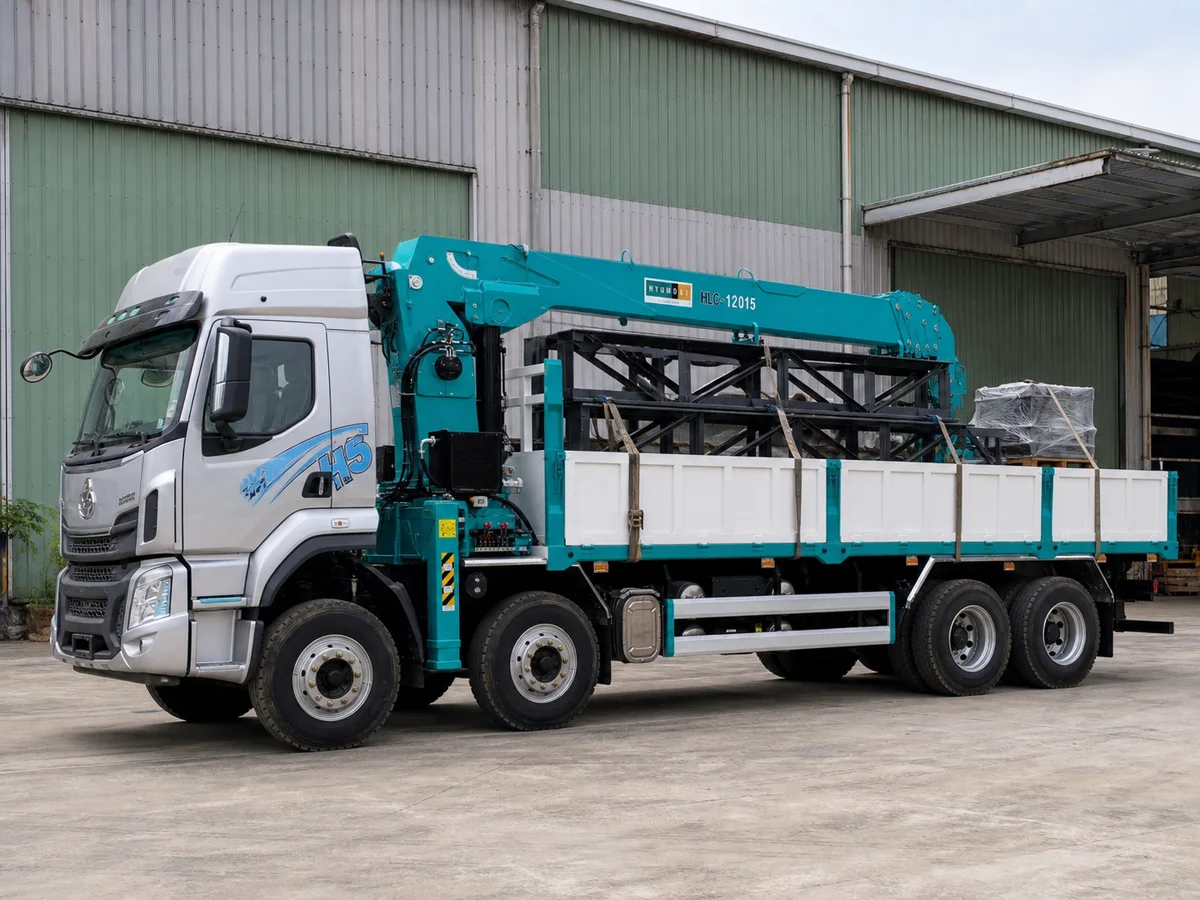 Hàng hóa được chằng buộc trên thùng Chenglong H5 gắn cẩu Everdigm
