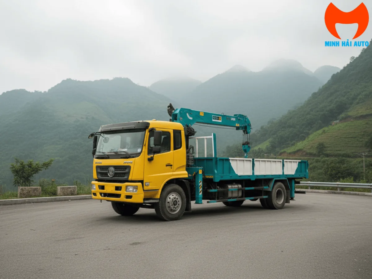 Cẩu Hyundai HLC-7016 khi vươn cần trên xe tải hai trục