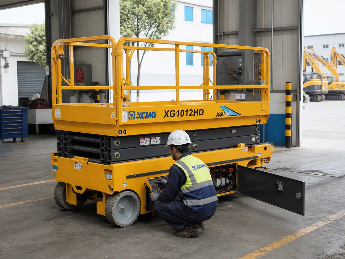 Kỹ thuật viên kiểm tra xe nâng người XCMG trước bàn giao