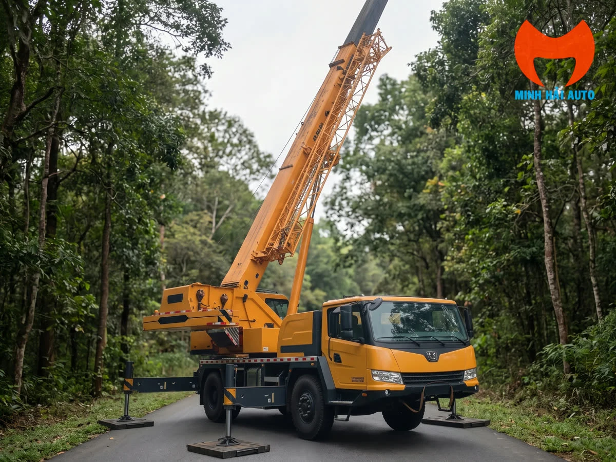 Xe cẩu bánh lốp XCMG mở chân chống tại mặt bằng công trường