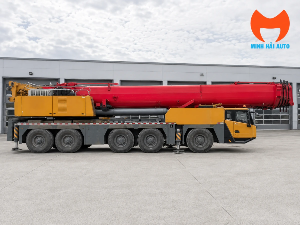 Xe cẩu bánh lốp nhiều trục nhìn toàn cảnh bên hông
