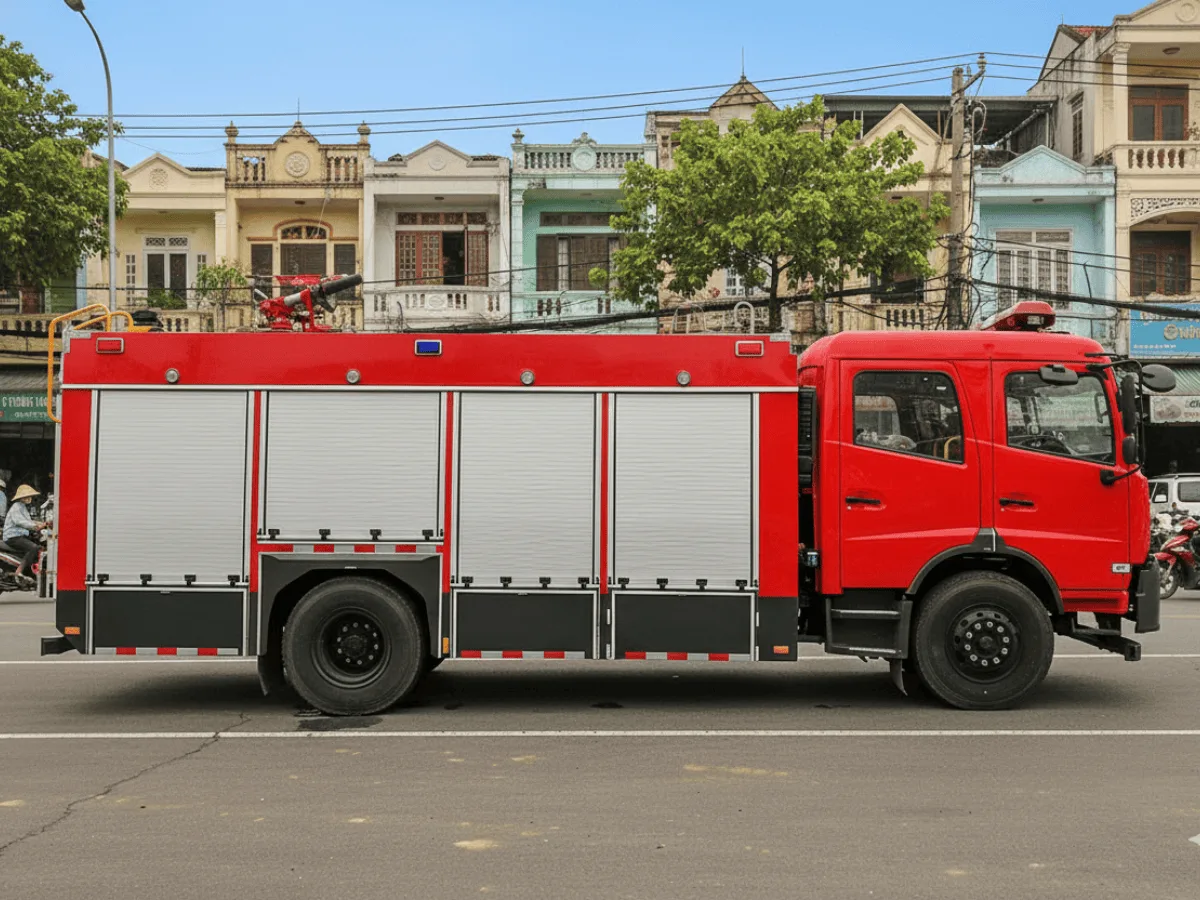 Xe cứu hỏa Dongfeng 9 khối màu đỏ chạy trên đường phố Việt Nam
