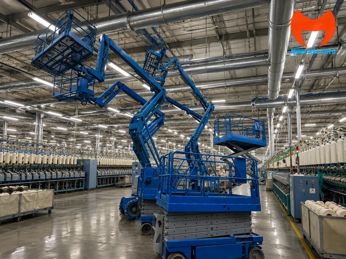 Xe cắt kéo và boom lift cần khớp gập trong nhà xưởng
