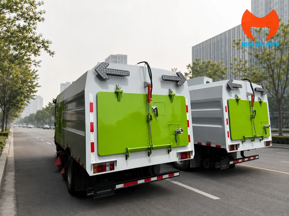 Phía sau xe quét đường với các chi tiết cảnh báo