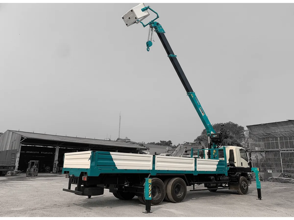 Xe thang nâng người có giỏ và chân chống triển khai tại hiện trường