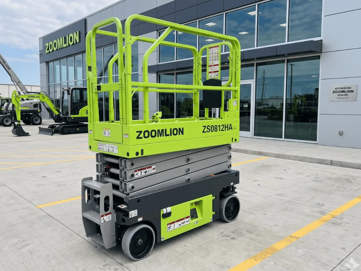Xe nâng người cắt kéo Zoomlion ZS0812HA ở trạng thái thu gọn nhìn góc trước ba phần tư